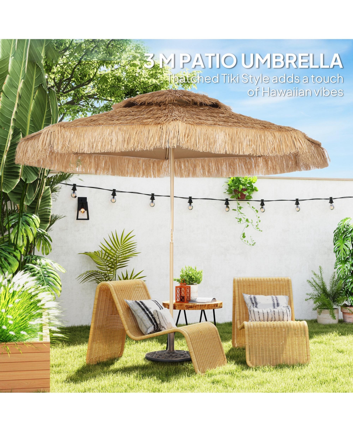 Outsunny 10FT Thatched Tiki Patio Umbrella, UPF30+ Outdoor Umbrella