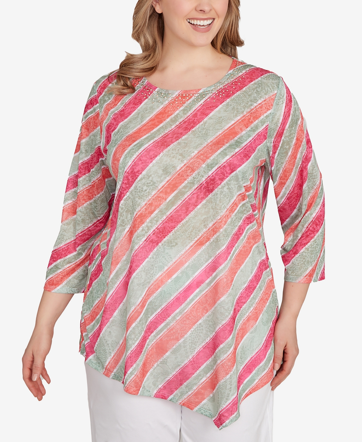 Plus Size Bias Stripe Beaded Top - Navy Multi