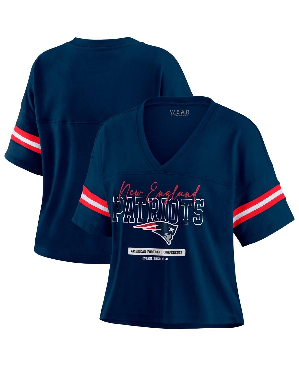 Women's Navy New England Patriots Color Block Boxy Modest Crop V-Neck T-Shirt - Navy