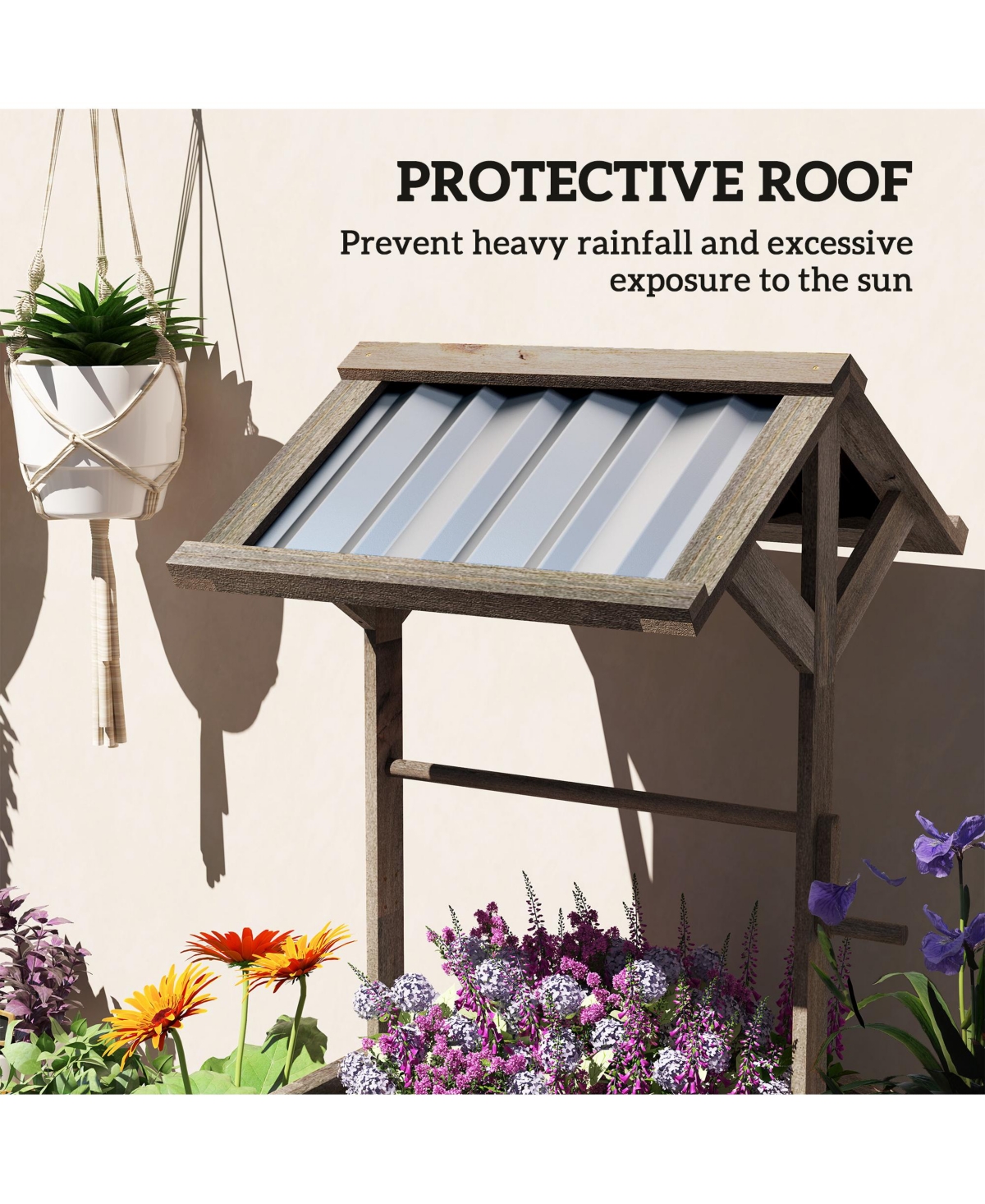 Outsunny Wooden Wishing Well Planter with Galvanized Canopy, Light