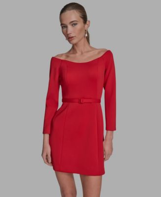 BCBG - Women's Belted Boat-Neck A-Line Dress