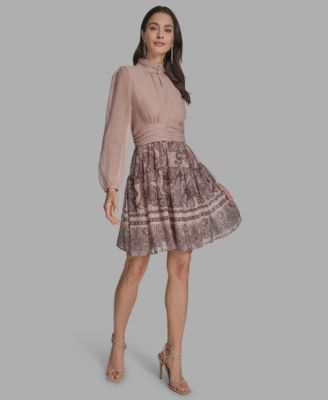 Women's Mock-Neck Long-Sleeve Chiffon Fit & Flare Dress