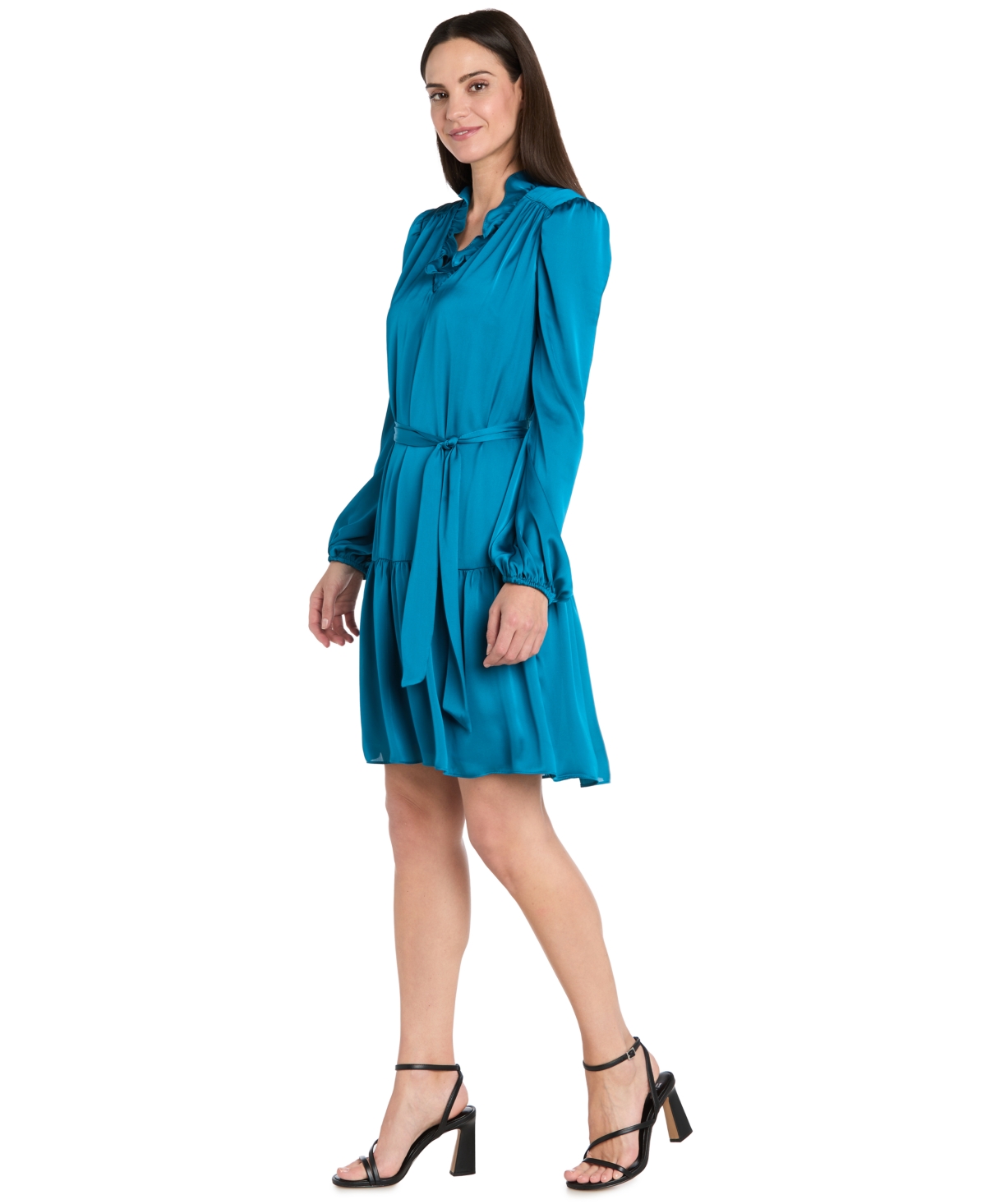 R & M Richards Petite Collared V-neck Long-sleeve Dress In Blue