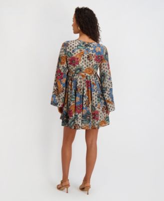 Women's Printed-Chiffon Long-Sleeve Fit and Flare Dress