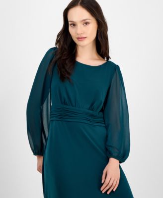 Petite Shirred-Waist Sheer-Sleeve Midi Dress