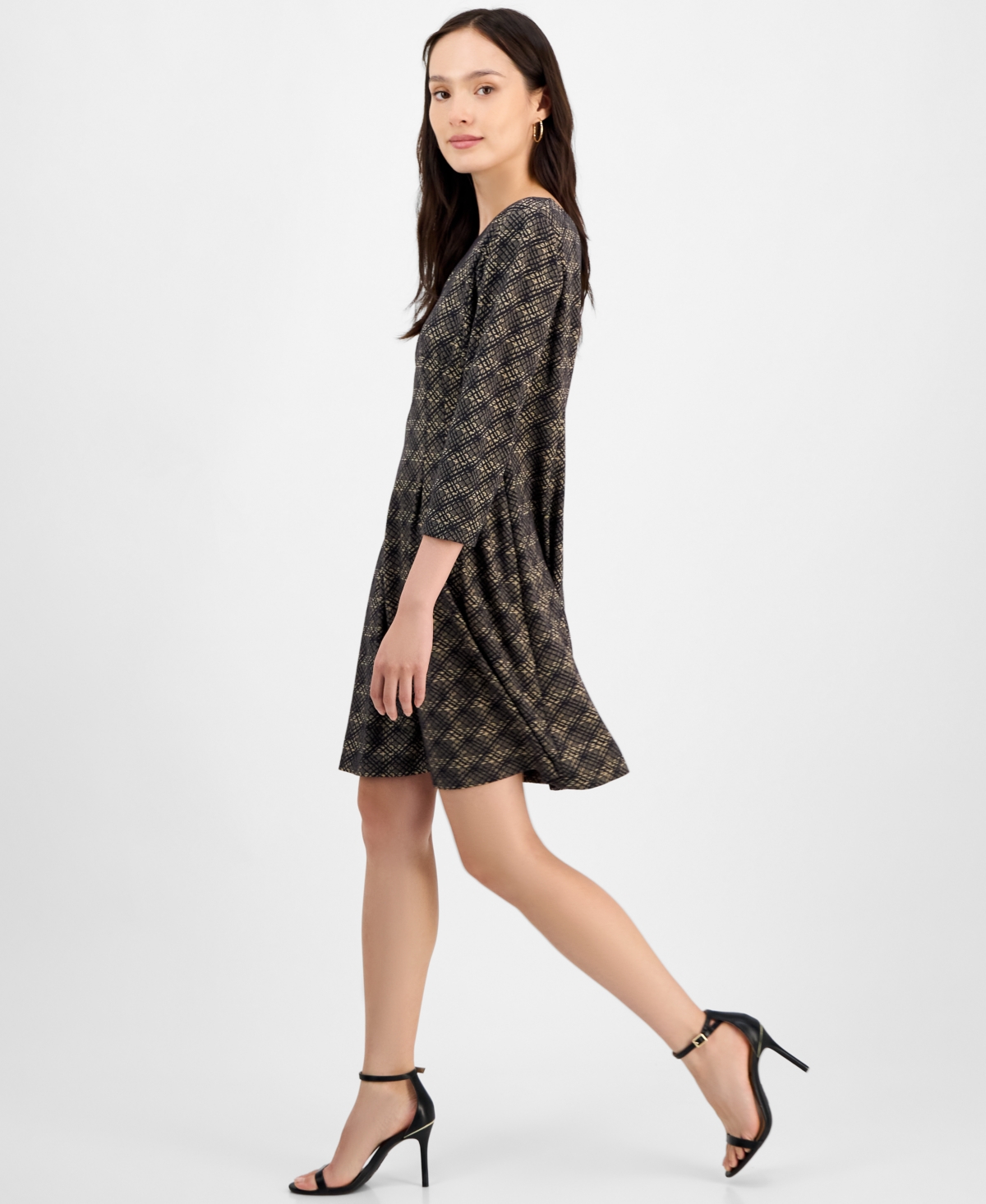 Connected Petite Printed Round-Neck 3/4-Sleeve Dress