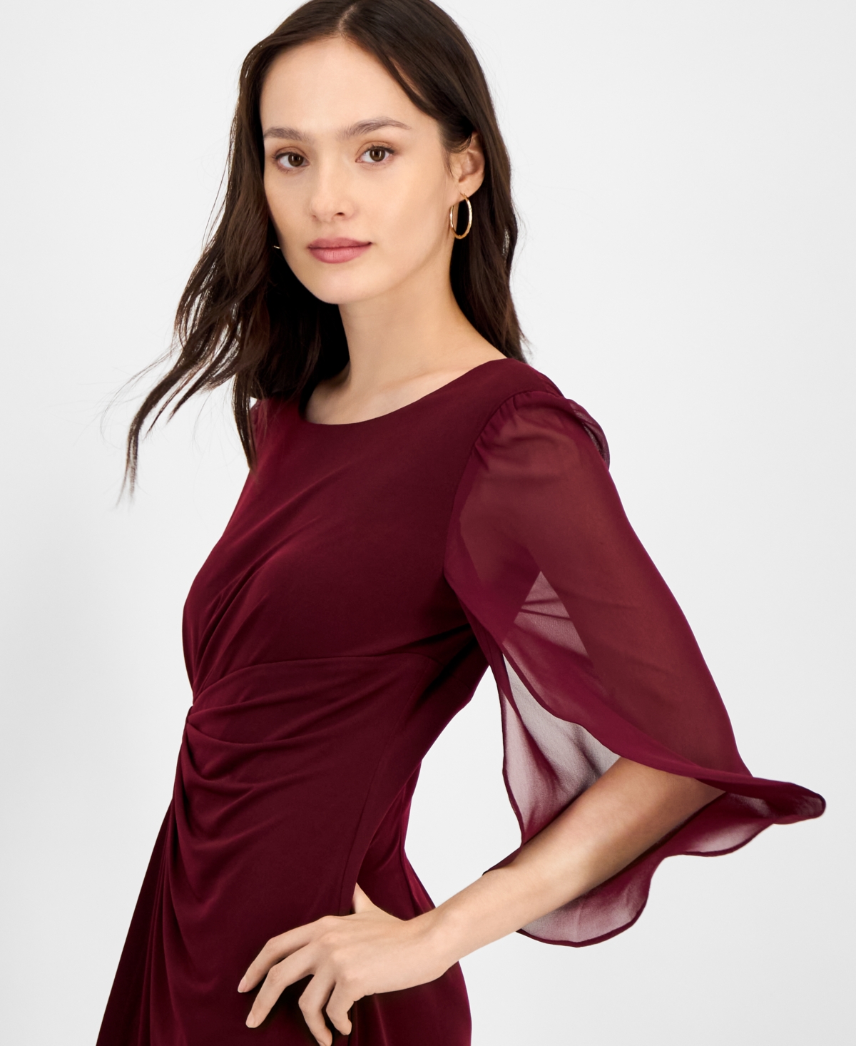 Connected Petite Chiffon Cape-sleeve Sheath Dress In Burgundy