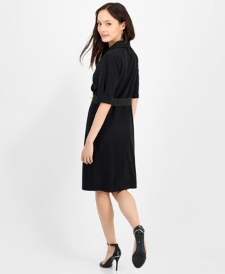 Petite Scuba Faux-Wrap Notch-Collar Dress