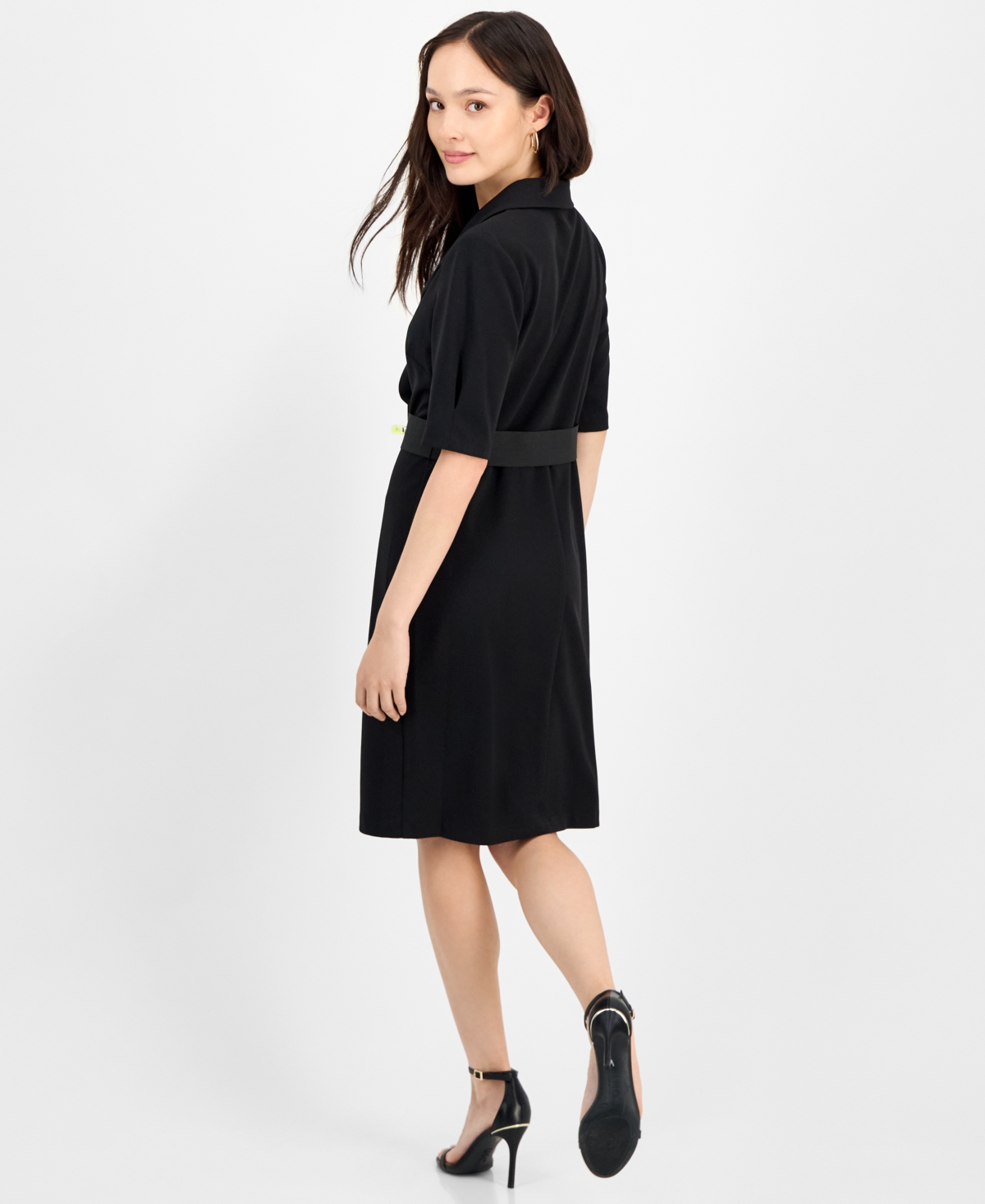 Connected Petite Scuba Faux-wrap Notch-collar Dress In Black