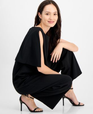 Petite Cape-Sleeve Round-Neck Wide-Leg Jumpsuit