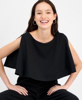 Petite Cape-Sleeve Round-Neck Wide-Leg Jumpsuit