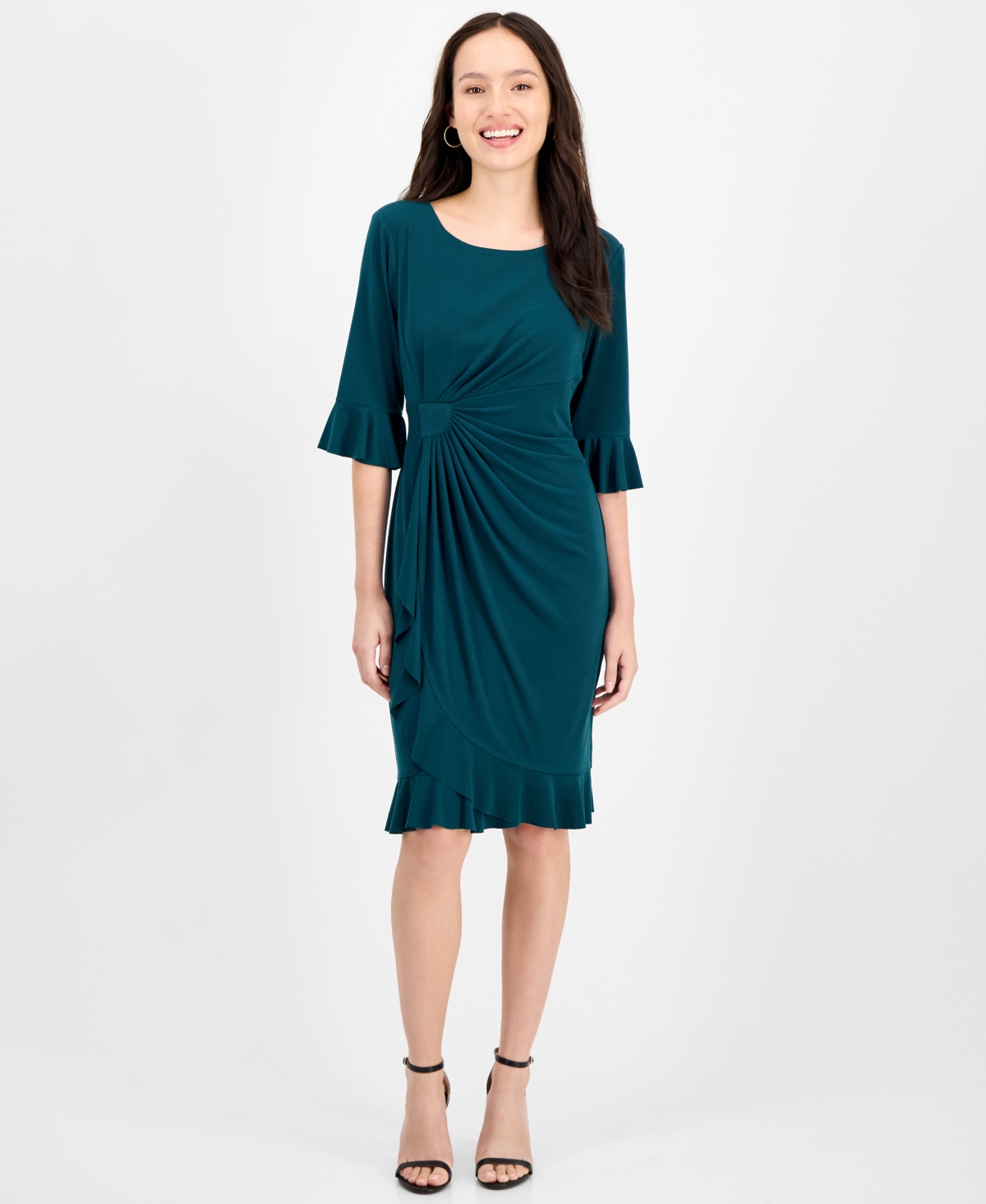 Connected Petite 3/4-sleeve Ruffle Jersey Dress In Green