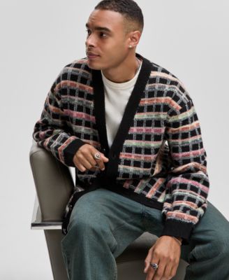 Men's Boxy-Fit Plaid V-Neck Cardigan, Macy's Exclusive