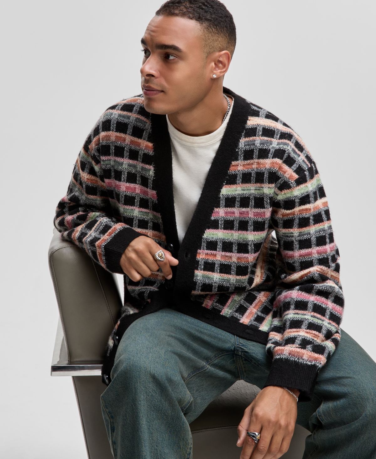 Mode Of One Men's Boxy-fit Plaid V-neck Cardigan, Macy's Exclusive In Black