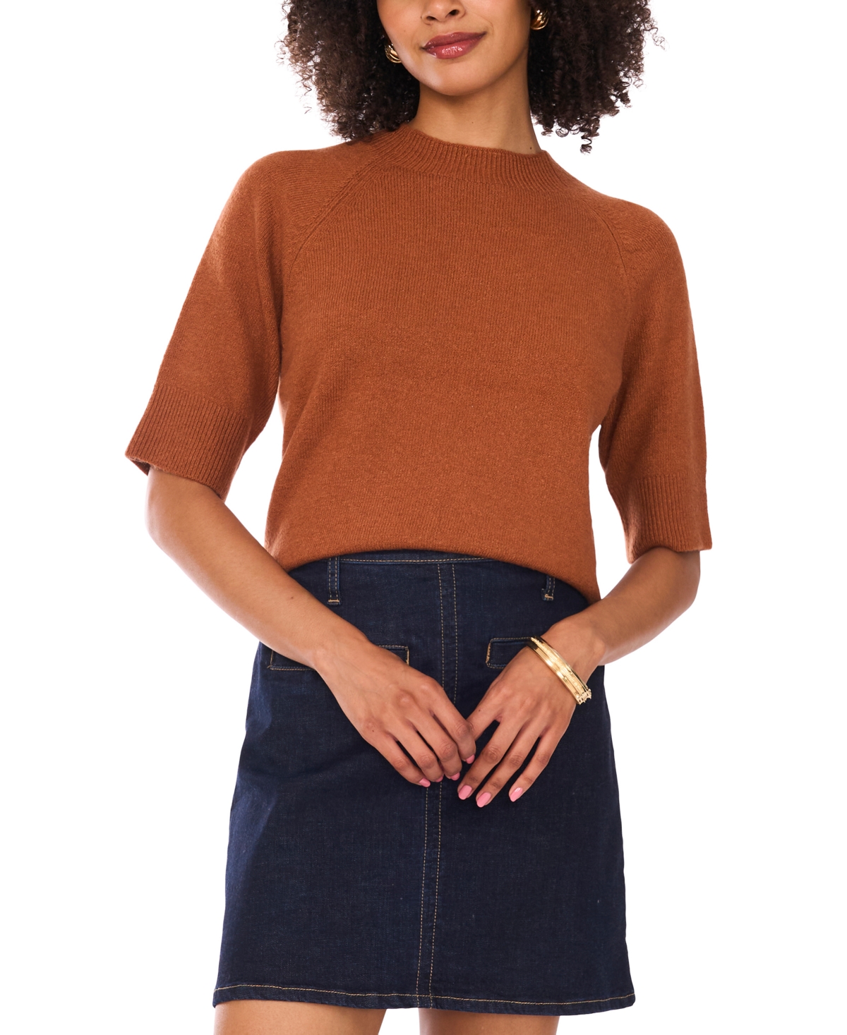 Vince Camuto Women's Cozy Mock Neck Short-sleeve Sweater In Brown