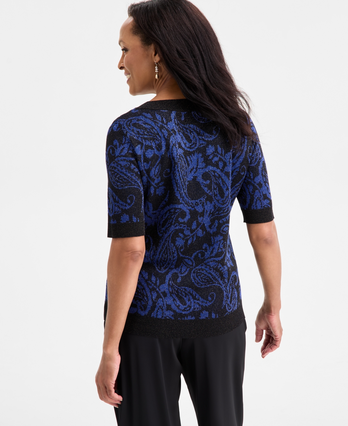 Jm Collection Women's Jacquard Crewneck Elbow-sleeve Sweater, Macy's Exclusive In Blue