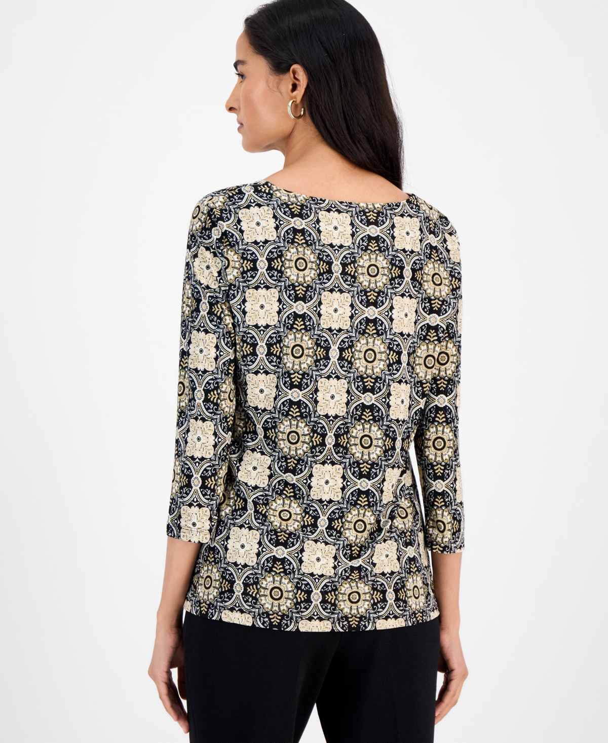 Jm Collection Petite Marana Windswept Jacquard 3/4-sleeve T-shirt In Black