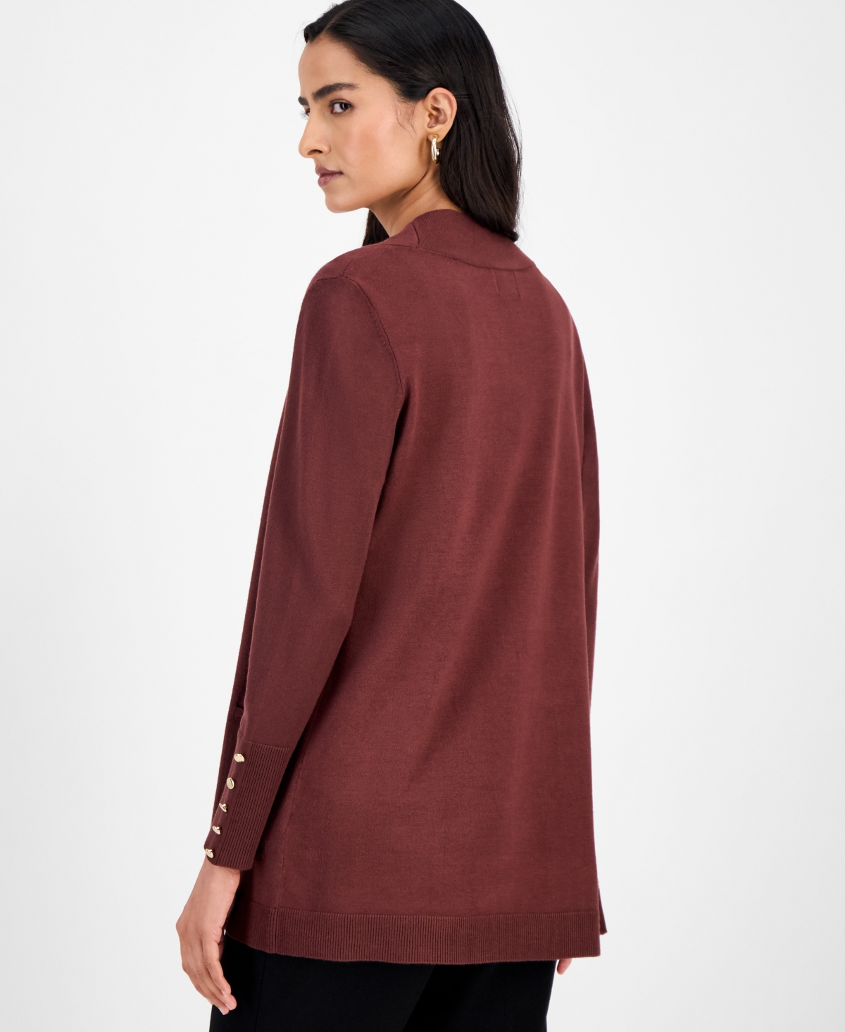 Jm Collection Petite Open-front Button-cuff Cardigan Sweater In Burgundy