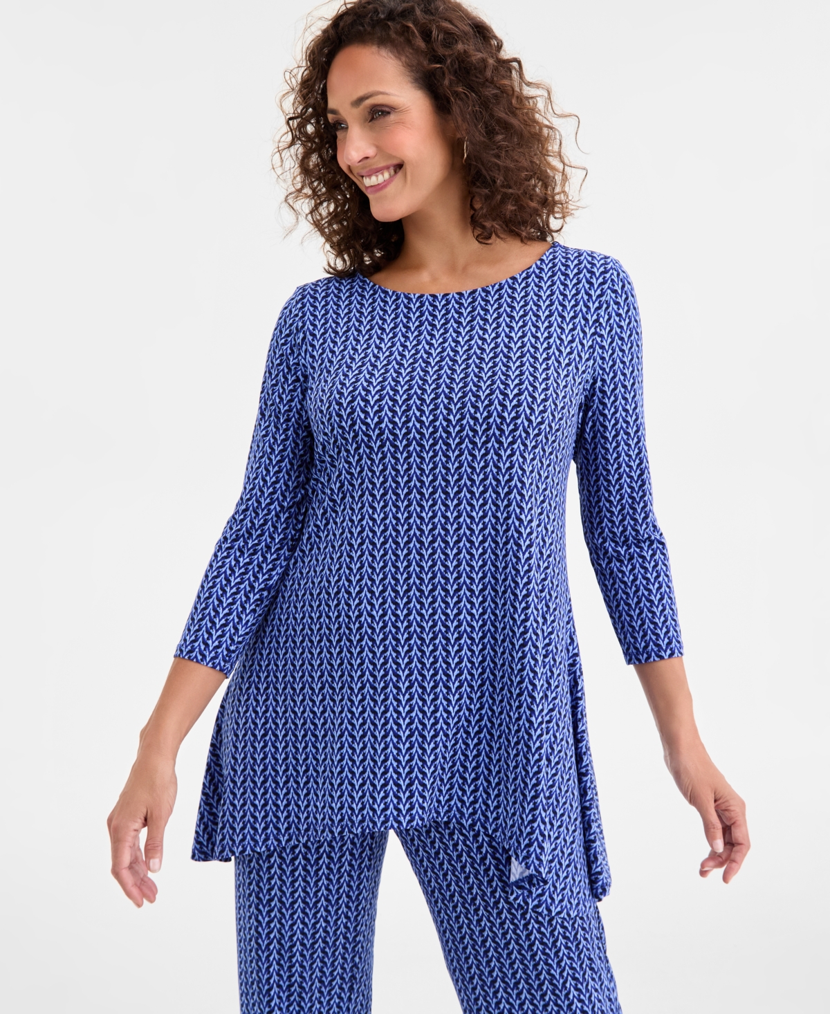 Jm Collection Women's Printed 3/4-sleeve Knit Top, Exclusively At Macy's In Blue