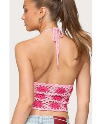 Womens Contrast Floral Crochet Halter Top