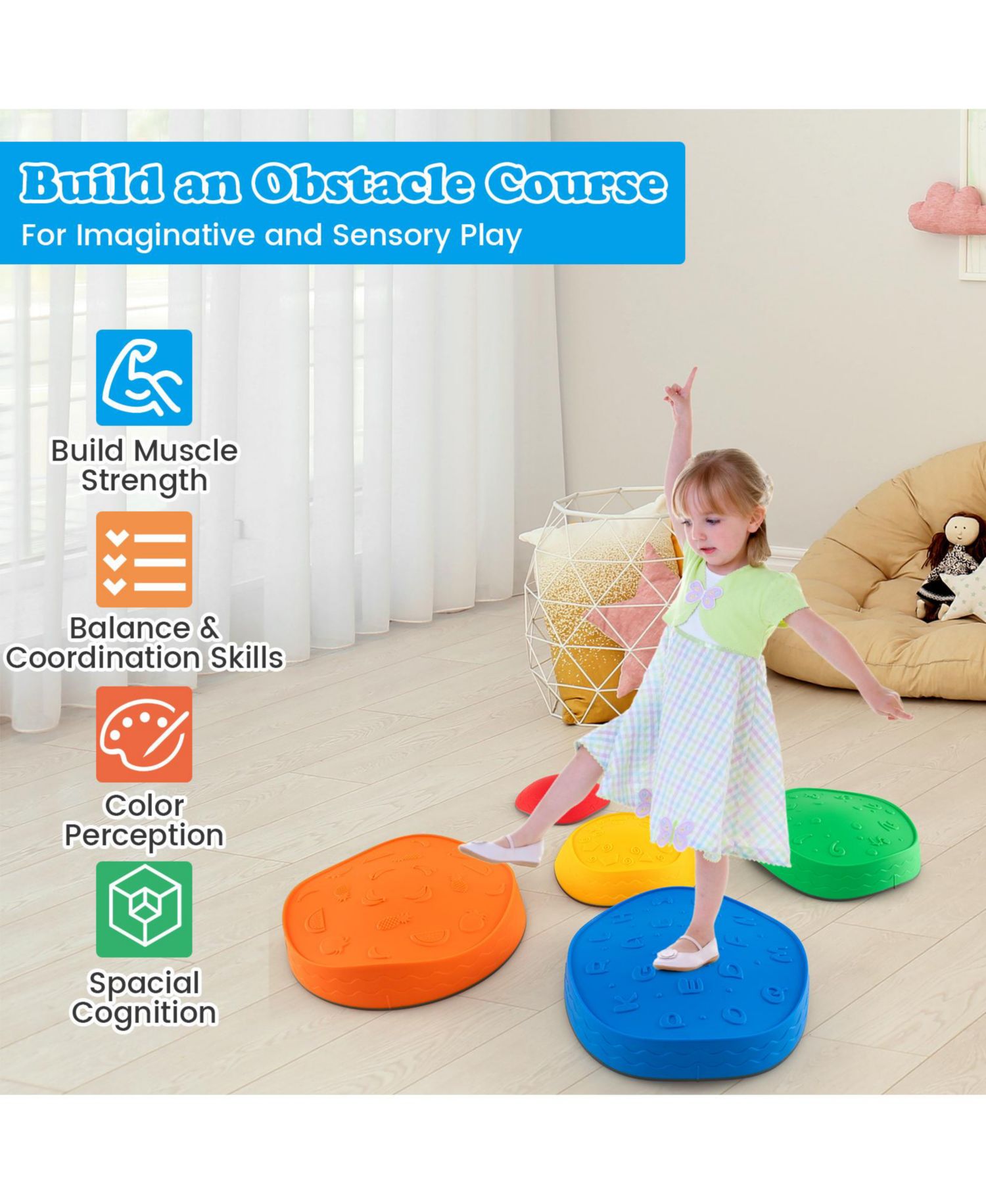 5 Pcs Kids Stepping Stones w/ Non-Slip Edge Sensory Toy for Indoor/Outdoor Play