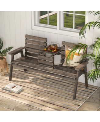 Outdoor Fir Wood Bench w/ Foldable Middle Table w/ Backrest & Armrests