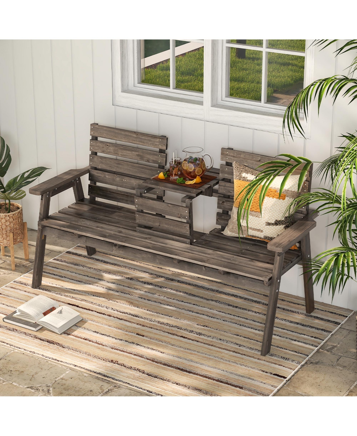 Gymax Outdoor Fir Wood Bench w/ Foldable Middle Table w/ Backrest & Armrests