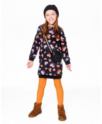 Girl Hooded Fleece Dress Black and Multicolor with Trompe-L Bag Detail - Child