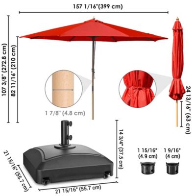 13ft XL Heavy Duty Solid Wood Outdoor Patio Umbrella with Base Parasol Wheels Stand for Bistro Market Table Garden Deck Yard Poolside Red