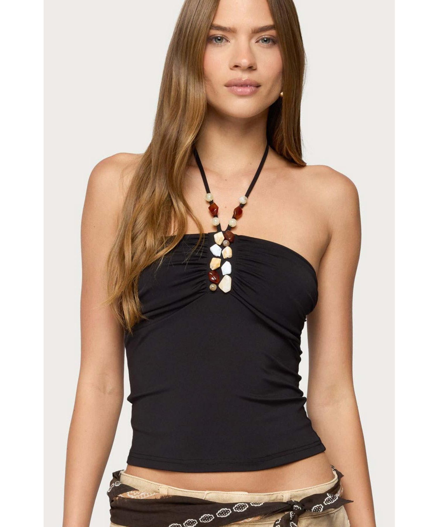 Women's Carmel Bead Ruched Halter Top