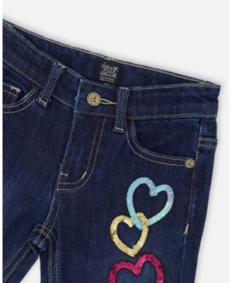 Girl Stretch Jeans Blue Denim with Glittery Hearts - Child