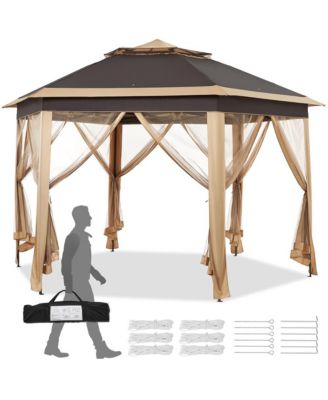13×13 FT Hexagonal Outdoor Gazebo, Pop-Up Canopy for Patio Backyard Garden Wedding Party, Khaki/Brown