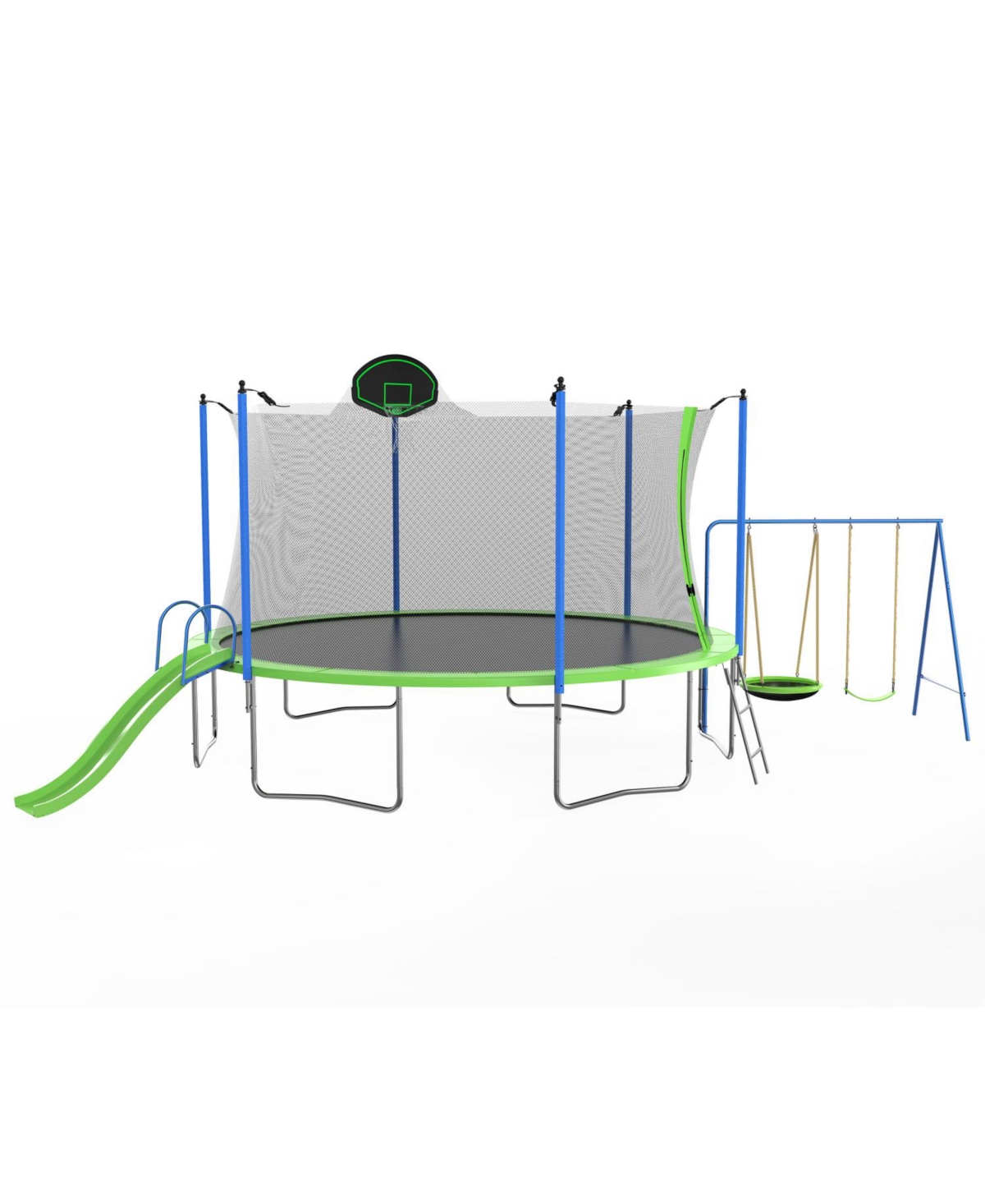 14FT Trampoline with Slide, Swings, Basketball Hoop & Net - Green