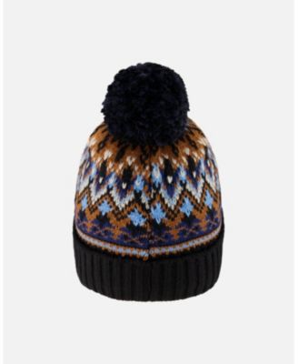Boy Lined Knit Winter Hat with Pompom Taupe and Navy - Toddler|Child