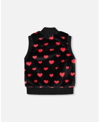 Toddler Girls Faux Fur Sleeveless Vest Black and Red with Hearts - Toddler|Child