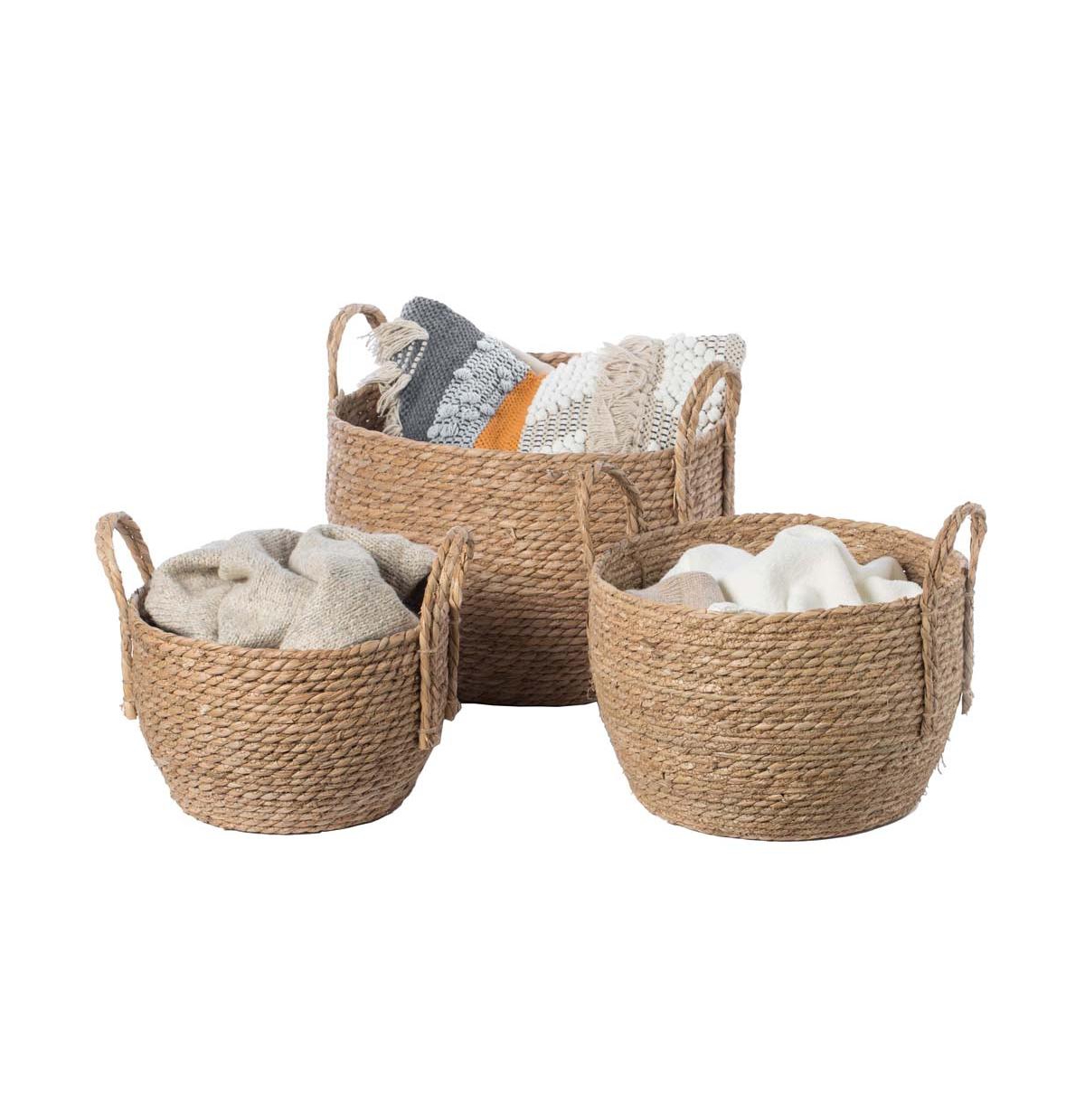 Wickerwise Decorative Round Wicker Woven Rope Storage Blanket Basket with Braided Handles