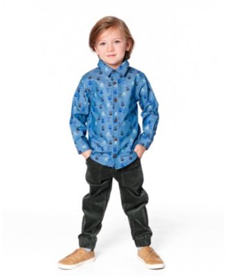 Boy Printed Long Sleeve Button Front Chambray Shirt Blue - Toddler|Child
