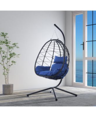 37 Inch Wicker Egg Swing Chair with Stand 350LB Capacity and Removable Cushion