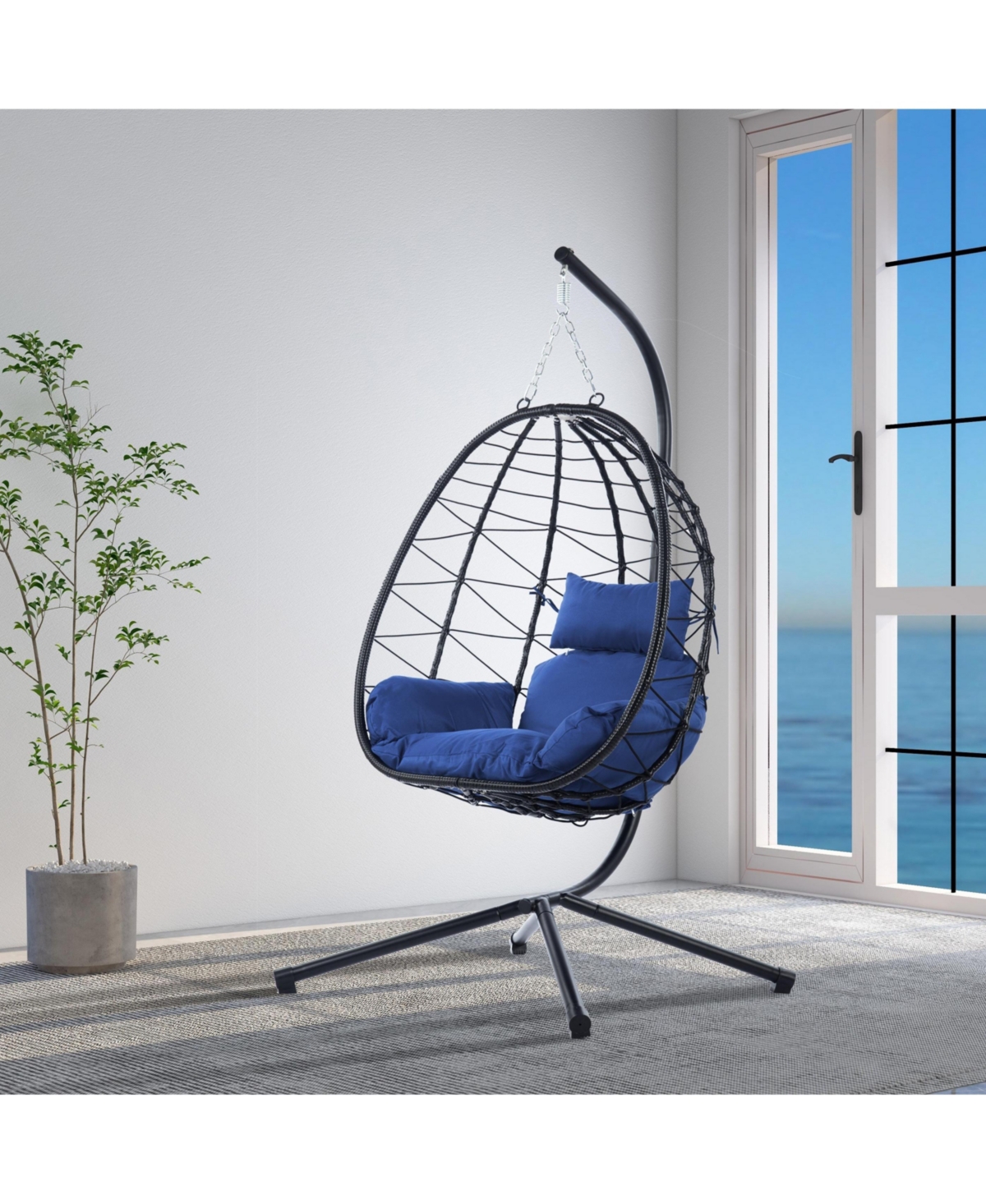 37 Inch Wicker Egg Swing Chair with Stand 350LB Capacity and Removable Cushion