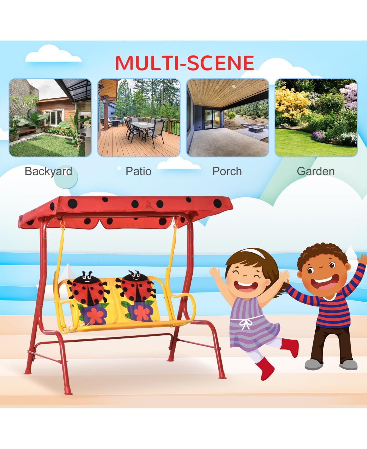 Outsunny Outdoor Hanging Bench for Kids with Adjustable Roof,