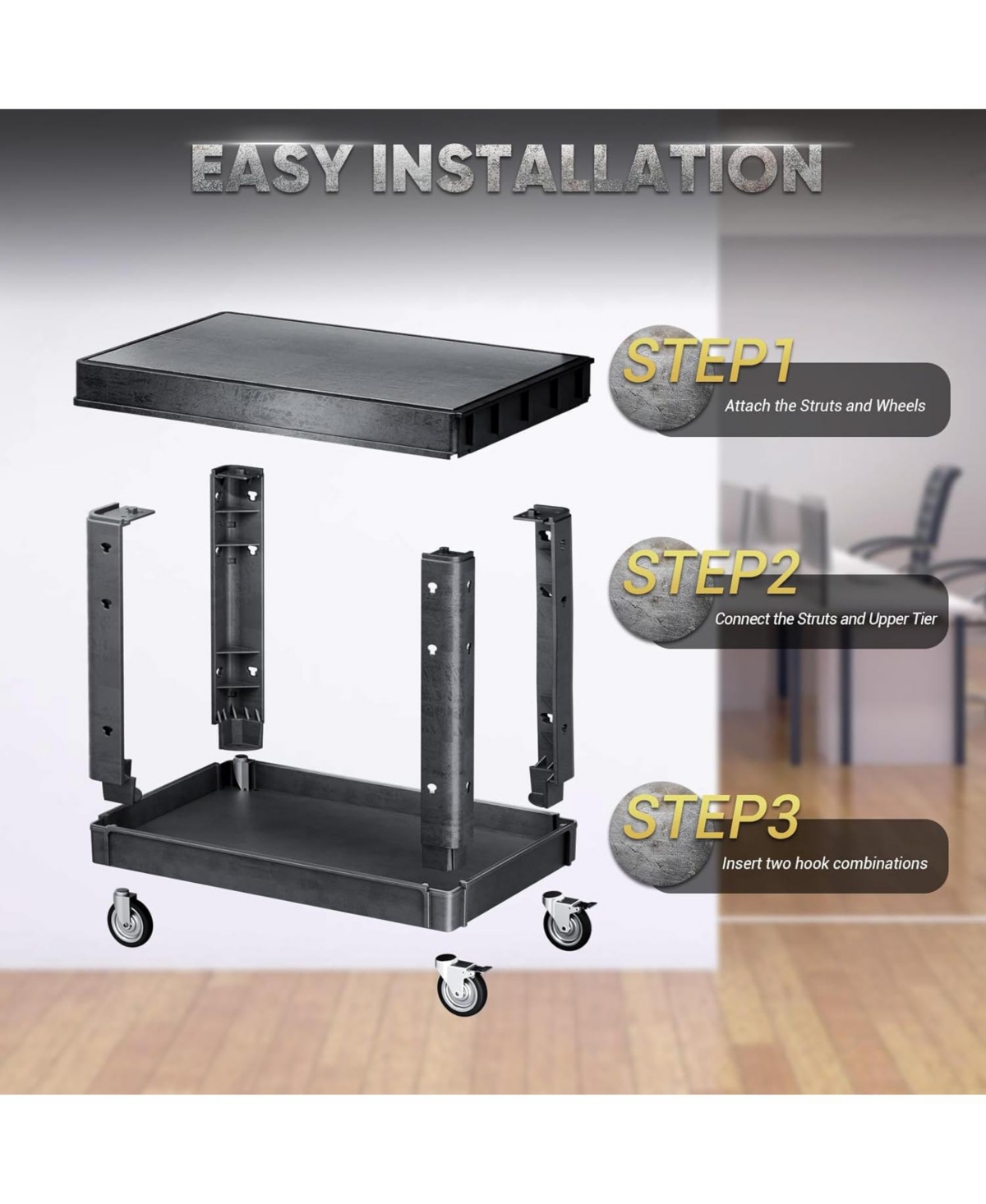 Silvel 46 in. 2 Tier Flat Top Rolling Tool Cart with Wheels, Industrial Commercial/ Service Tool Cart, Pp