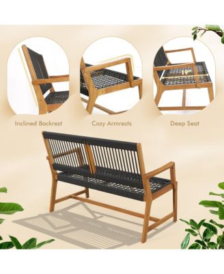 Patio 2-Person Acacia Wood Bench All-Weather Rope Woven Outdoor Garden