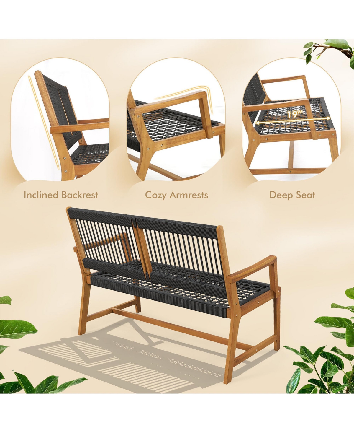 Gymax Patio 2-Person Acacia Wood Bench All-Weather Rope Woven Outdoor Garden