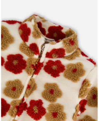 Girl Full Zip Sherpa Jacket with Jacquard Floral Pattern Beige and Red - Child