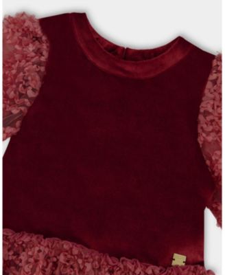 Girl Puff Sleeve Bi-Material Velour and Lace Dress Red - Child