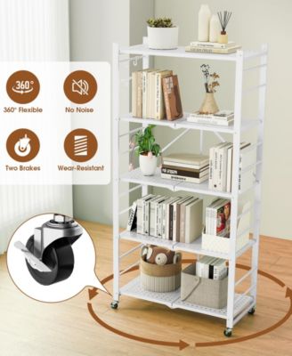 5-Tier Foldable Storage Shelves, Metal Storage Rack with Wheels and Hooks