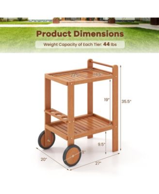 2 Tier Rolling Serving Cart with Wine Bottle Holders and 2 Rubber Wheels