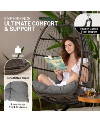 Foldable Egg Chair - Rattan Wicker Hanging Egg Swing Chair with Stand, Waterproof Seat Cushion,, and Headrest for Patio, Bedroom, Porch, and Garden (Deep Gray)