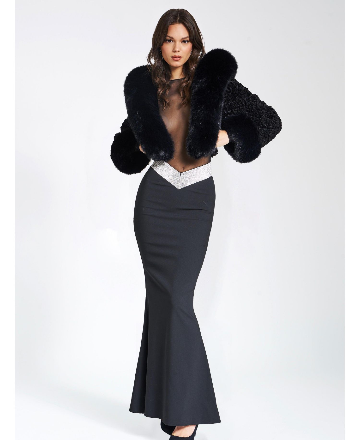 Women's Kali Black Cropped Faux Fur Jacket With Hood