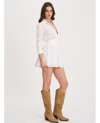 Women's Gabriella White Cotton Eyelet Button Up Long Sleeve Shirt Dress